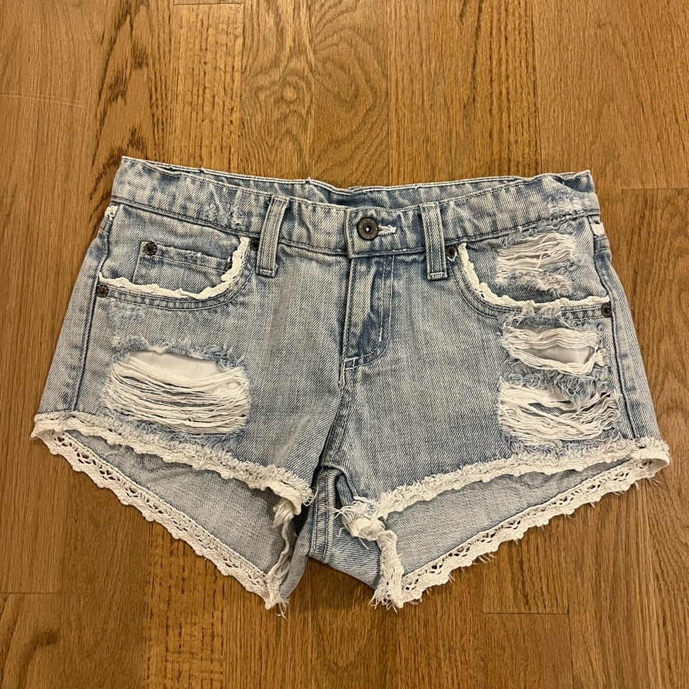 Denim shorts with white crochet detail